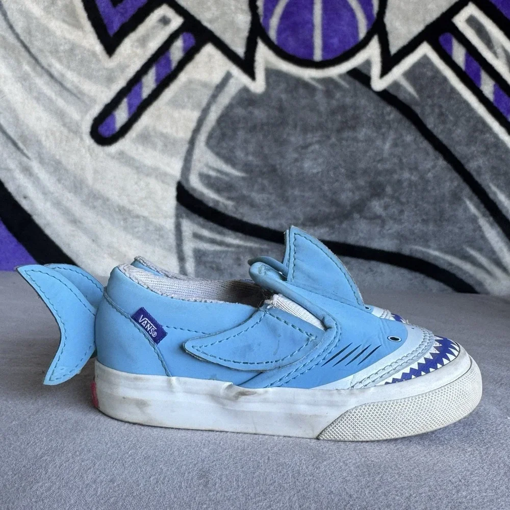 Size 7c - Vans Classic Slip-O Shoes Kids Shark‎ Blue White Sneakers Slip-On